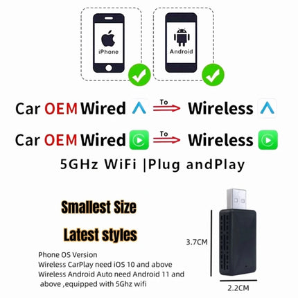 Wired to Wireless CarPlay & Android Adapter, 5.8GHz WiFi, Fast Connection